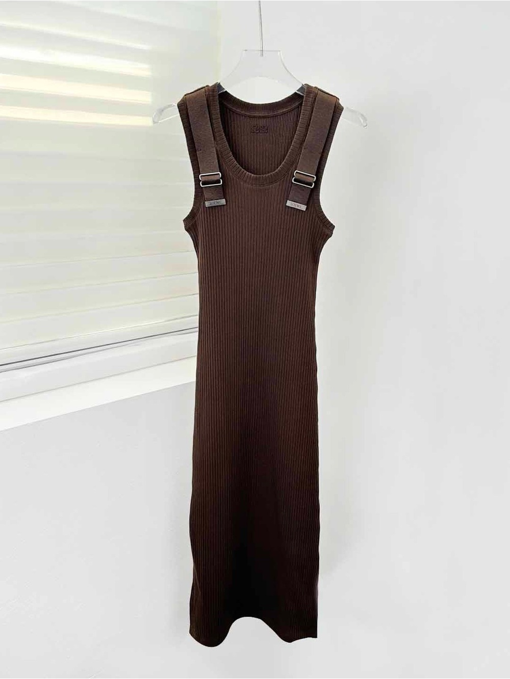 Loewe Ribbed Buckle-Strap Midi Dress - Brown